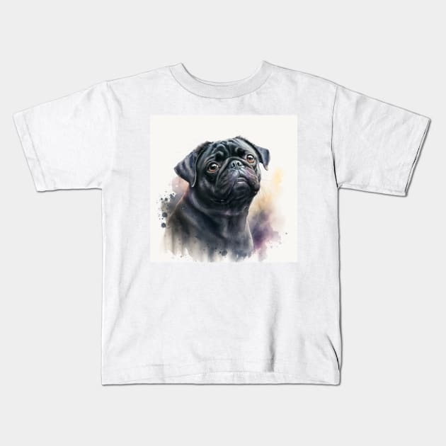 Black Pug Watercolour Style Painting Kids T-Shirt by TheArtfulAI